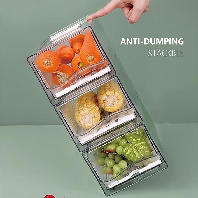 Fruit Storage Containers for Fridge with Strainer, BPA-Free Fridge Organizers and Storage, Stackable Clear Pull Out Refrigerator Organizers Drawer for Fruit,Vegetable,Produce,Berry,Food (2 Pack)