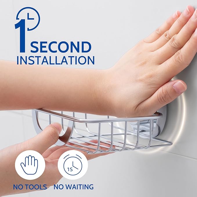 Soap Dish, Soap Bar Holder for Shower Suction Cup with 4 Hooks Wall Mounted, Stainless Steel No-Drilling Removable Waterproof Sponge Holder for Bathroom Bathtub Kitchen Sink, Silver