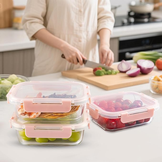 10 Pack 22 oz Glass Meal Prep Containers, Food Storage Containers with Lids, Airtight Leakproof Lunch Containers for Kitchen, Freezer, Microwave, Dishwasher Safe (Pink)