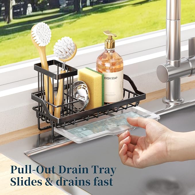 Consumest Sponge Holder for Kitchen Sink - Kitchen Sink Caddy Organizer with Removable Drip Tray for Countertop Dish Soap Dispenser Brush Storage Accessories 304 Stainless Steel - Black