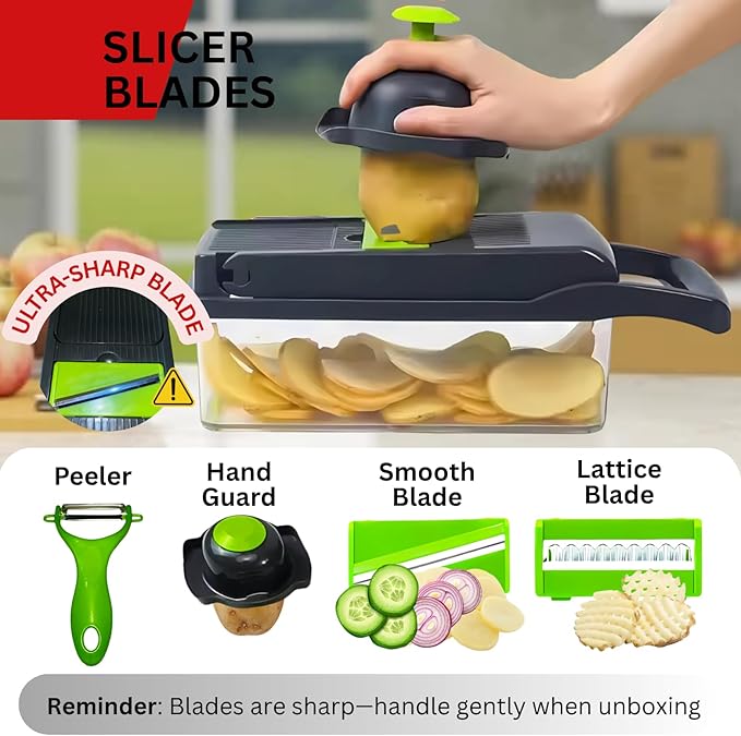 17 in 1 Vegetable Chopper Mandoline Slicer – All In One Veggie Cutter Food Grater Includes Onion Goggles, Egg Separator, Hand Guard – Sharp Stainless Steel Blades – 2 in 1 Drain Basket
