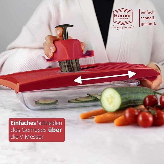 Börner Mandoline Slicer V1 (Basis Set) • V-Slicer with 2 Inserts & Fruit Holder • Adjustable Kitchen Slicer for Vegetables & Fruits • Vegetable Cutter • 3 Thickness Settings • Color: Red
