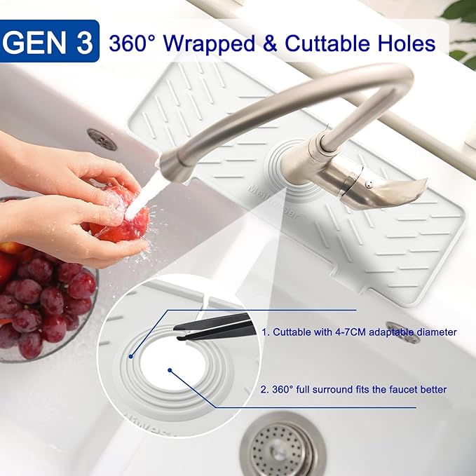 Silicone Faucet Mat for Kitchen Sink – Gen 3 10° Slope Splash Guard with Cuttable Hole – 14” x 5.5” Drip Catcher & Sponge Holder for Kitchen, Bathroom (White)