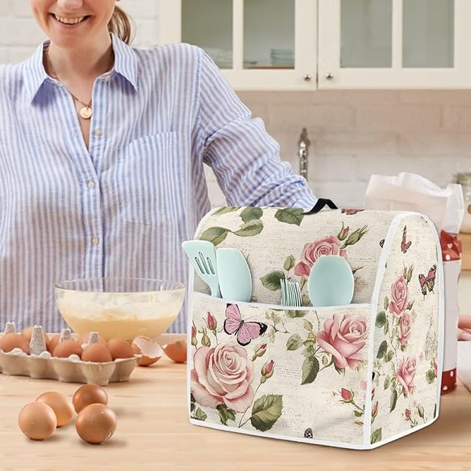 Pink Floral Butterfly Stand Mixer Cover Compatible with 4.5-5 Qt Blenders Machine Washable Kitchen Mixer Covers with Top Handle and Pockets for Counter Decor Housewarming Gifts