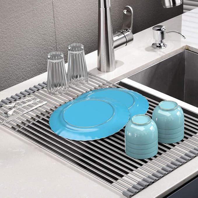 SunCleanse 17.8" L×15" W Roll Up Dish Drying Rack, Over Sink Dish Drying Rack Drainer, Multi-Use Stainless Steel Foldable Dish Rack for Kitchen Sink Countertop, Grey