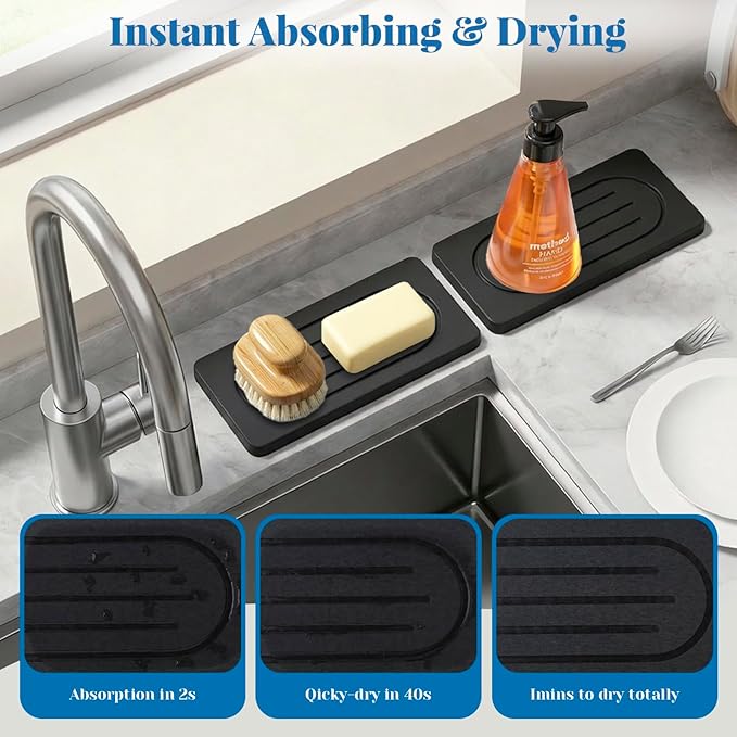 Water Absorbing Stone Trays for Bathroom Sink Kitchen Counter, Quick Dry Dish Soap Dispenser Sponge Holder for Hand Soaps Plants Toiletries, Stain Resistance Countertop Fast Drying Counter Trays