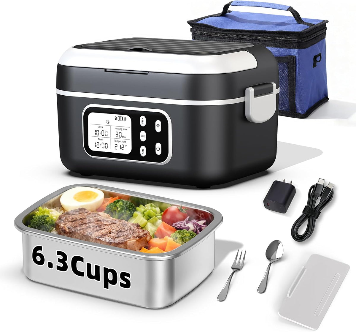 6.3 Cups Cordless Electric Lunch Box for Adults, 27000mAh 100W Rechargeable Battery Powered Automatic Scheduled Heated Lunchbox, Rapid Heating Portable Food Warmer BPA Free for Hot Meals Anywhere