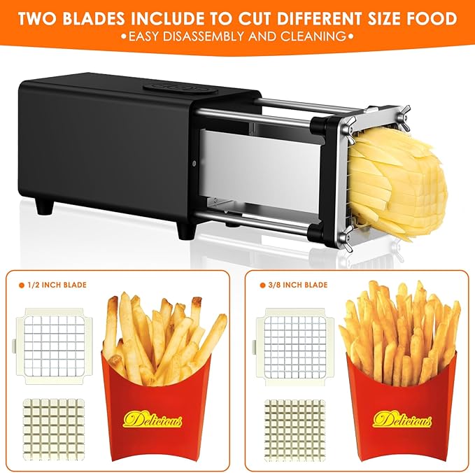 SIXRARI Electric French Fry Cutter, French Fries Cutter with 1/2 & 3/8 Inch Blade, Automatic Potato Cutter, Professional Commercial and Household Potato Slicer, Use for Cucumbers, Carrot, Apples