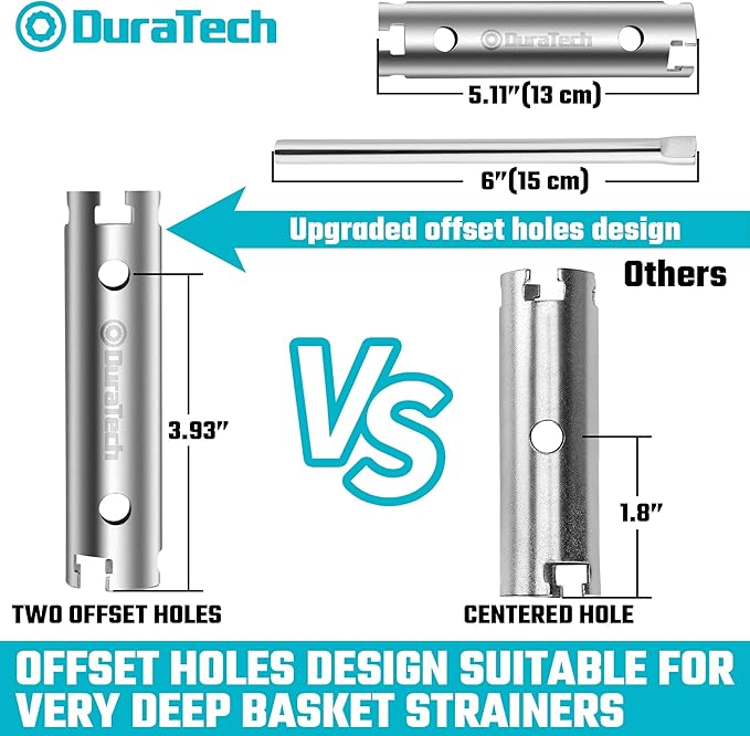 DURATECH Long Reach Basket Strainer Wrench, Universal Sink Strainer Wrench with Sliding Handle, Double End, 1/2" & 3/8 "