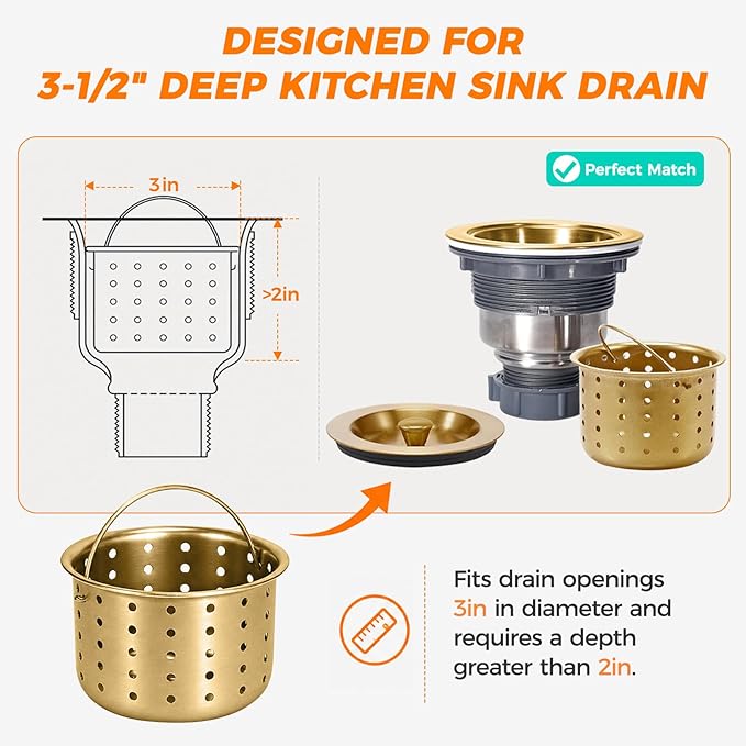 Deep Sink Strainer Basket – Fits Standard 3-1/2" Kitchen Drains – Gold Stainless Steel Removable Strainer with 30 Disposable Mesh Bags – Makes Cleaning Food Debris Quick & Easy