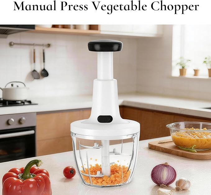 Manual Food Chopper Hand Push Express Vegetable Dicer Mincer Sharp Blades Onion Cutter Garlic Mincer with Container for Chili Meat Nuts Herbs, Dishwasher Safe