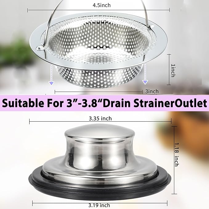 2 Pack Kitchen Sink Drain Strainer with Handle 4.5 inch Diameter, Rust Free (Kitchen Sink Stopper)