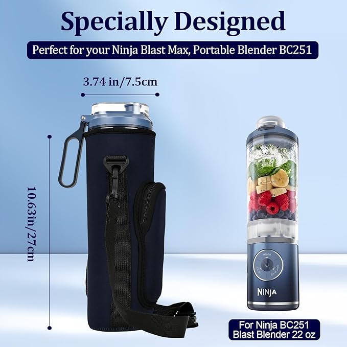 Storage Sleeve Bag for Ninja Blast Max Portable Blender with Shoulder Strap and Accessory Pocket compatible with BC251NV/BC251IV/BC251GY/BC251MT/BC251PK/BC251LD/BC251SL, 22 oz (Navy blue)