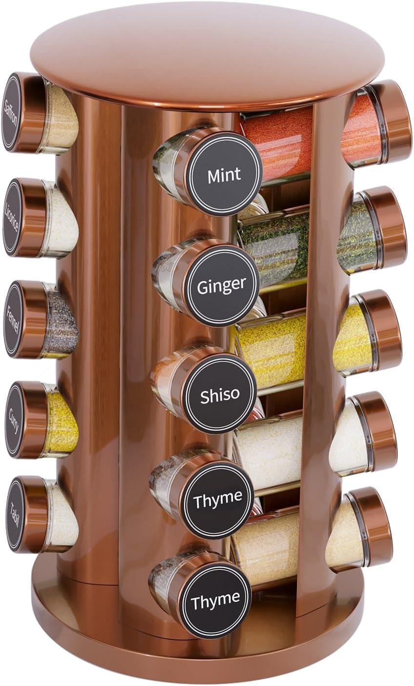 Revolving Spice Rack Set with 20 Spice Jars, Kitchen Spice Tower Organizer for Countertop or Cabinet - Carousel Storage Includes 386 Spice Labels (Gold)