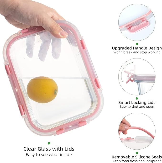 UMEIED 10 PACK Glass Food Storage Containers with Leak Proof Lids, Glass Airtight Meal Prep Containers Set for Lunch, On the Go, Leftover, Kitchen Pantry Organizers and Storage (Pink)