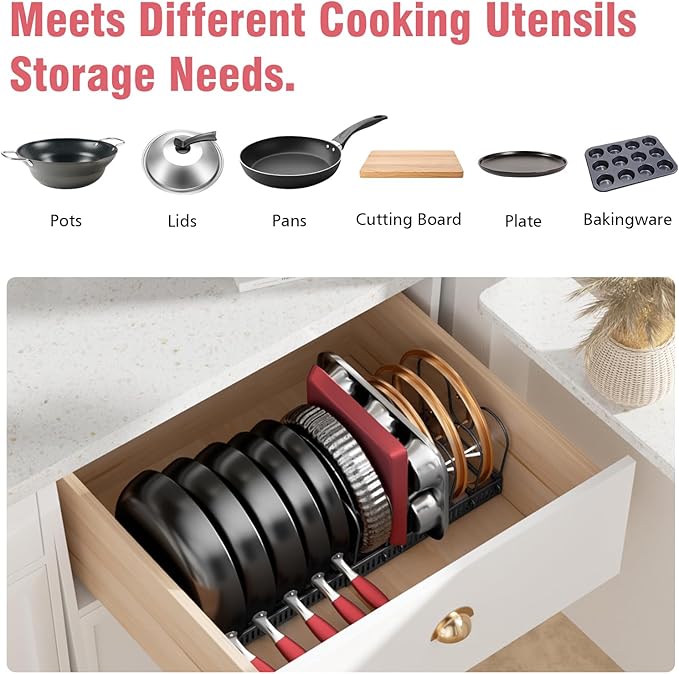 2 Pack Expandable Pots and Pans Organizer for Cabinet, Pot Lid Holder with 13 Adjustable Dividers, Under Cabinet Storage Rack for Pot Lids, Cutting Boards & Baking Sheets (11.8"-22.8")