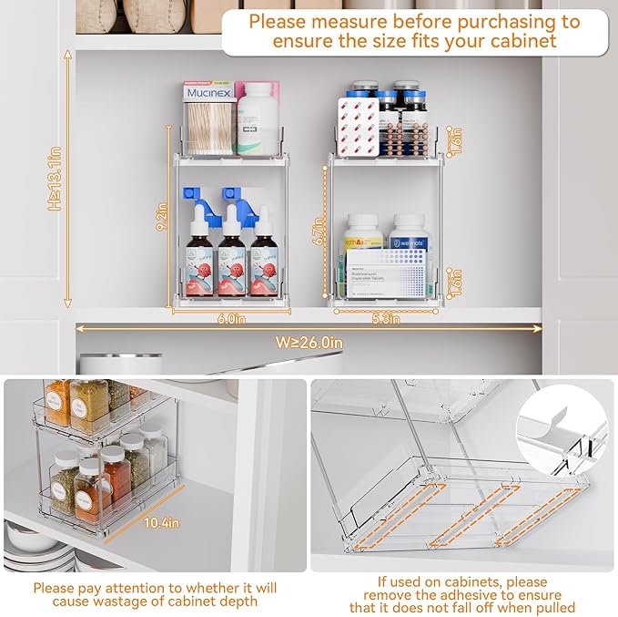 2 Set,2 Tier Pull Out Cabinet Organizer for Supplement and Medication Bottle Organizers,10.4" Deep Pantry Organizers Drawer and Sliding Clear Under Sink Organizer for Bathroom Vanity and Under Counter
