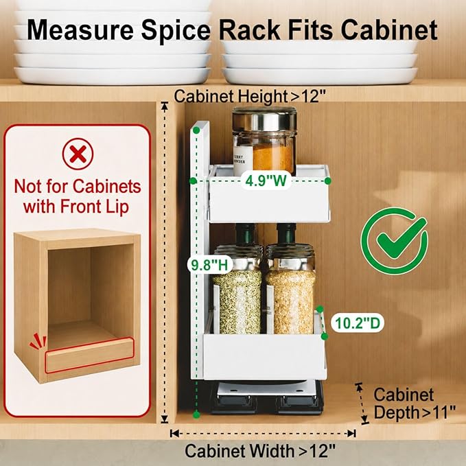 iSPECLE Spice Rack Organizer for Cabinet - 2 Pack Rotate No-Drill Vertical Spice Rack Pull Out Swivel Easy Access Spices, Adjust Height for 4oz to 8oz Spice Jars Inside Kitchen Pantry Cabinet, White