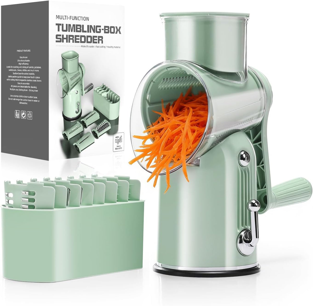 Rotary Cheese Grater 5 in 1 Green - Hand Crank Vegetable Cutter, Shredder, Slicer, Enlarge Input, Suction Base, Labor-Saving Handle, Blade Storage Box, for Onion, Potato, Vegetable, Nuts, etc