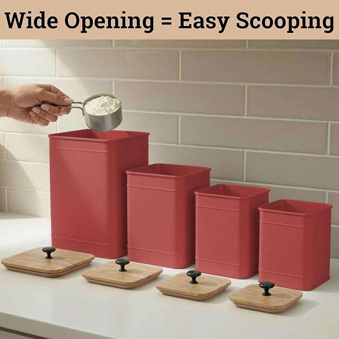 Kitchen Canisters for Countertop Set of 4 with Customizable Chalkboard Labels & Marker Pen - Big Iron Kitchen Canister Set with Airtight Lids - Red Canisters - Sugar Tea Coffee Containers Sets