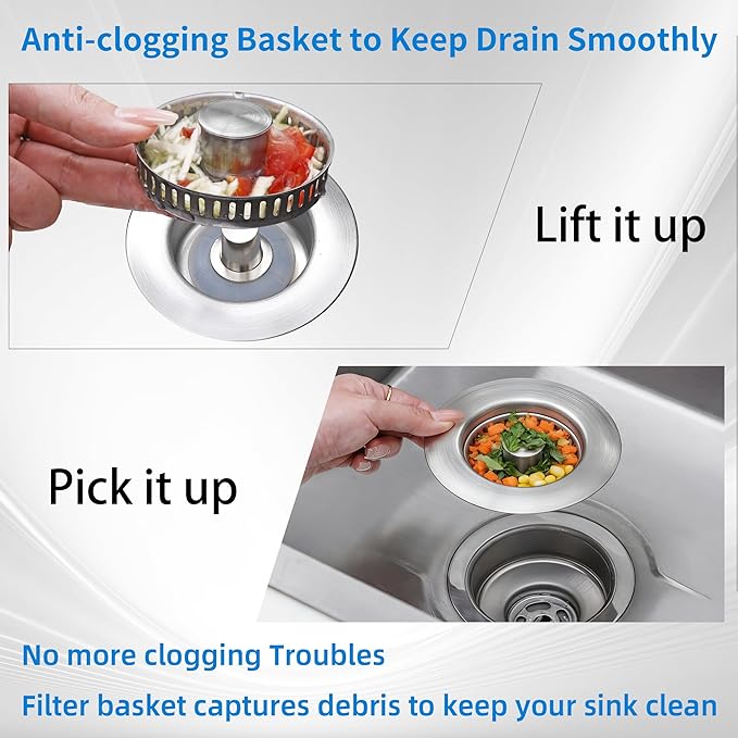 3 in 1 Kitchen Sink Drain Strainer,Pop up Sink Stopper Kitchen Drain, Anti-Clogging Strainer Basket Odor Prevention Plug Stopper for US Standard 3-1/2” Drain (Silver-2pcs)