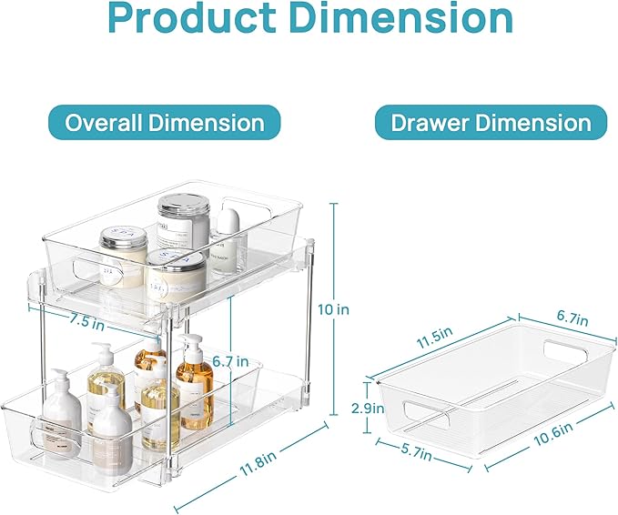 Vtopmart 6 Pack Bathroom Organizer, 2 Tier Clear Under Sink Organizers Vanity Countertop Storage Container,Cabinet Drawers Bins, Pull-Out Organization with Track for Pantry, Kitchen