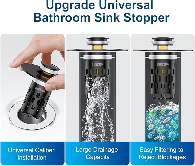 Bathroom Sink Drain Strainer,All Metal Pop-Up Sink Stopper with Removable Stainless Steel Filter Basket, Universal Bathroom Hair Catcher Fit for 1.1-2.36'' Drain (Black, 2 Pack)