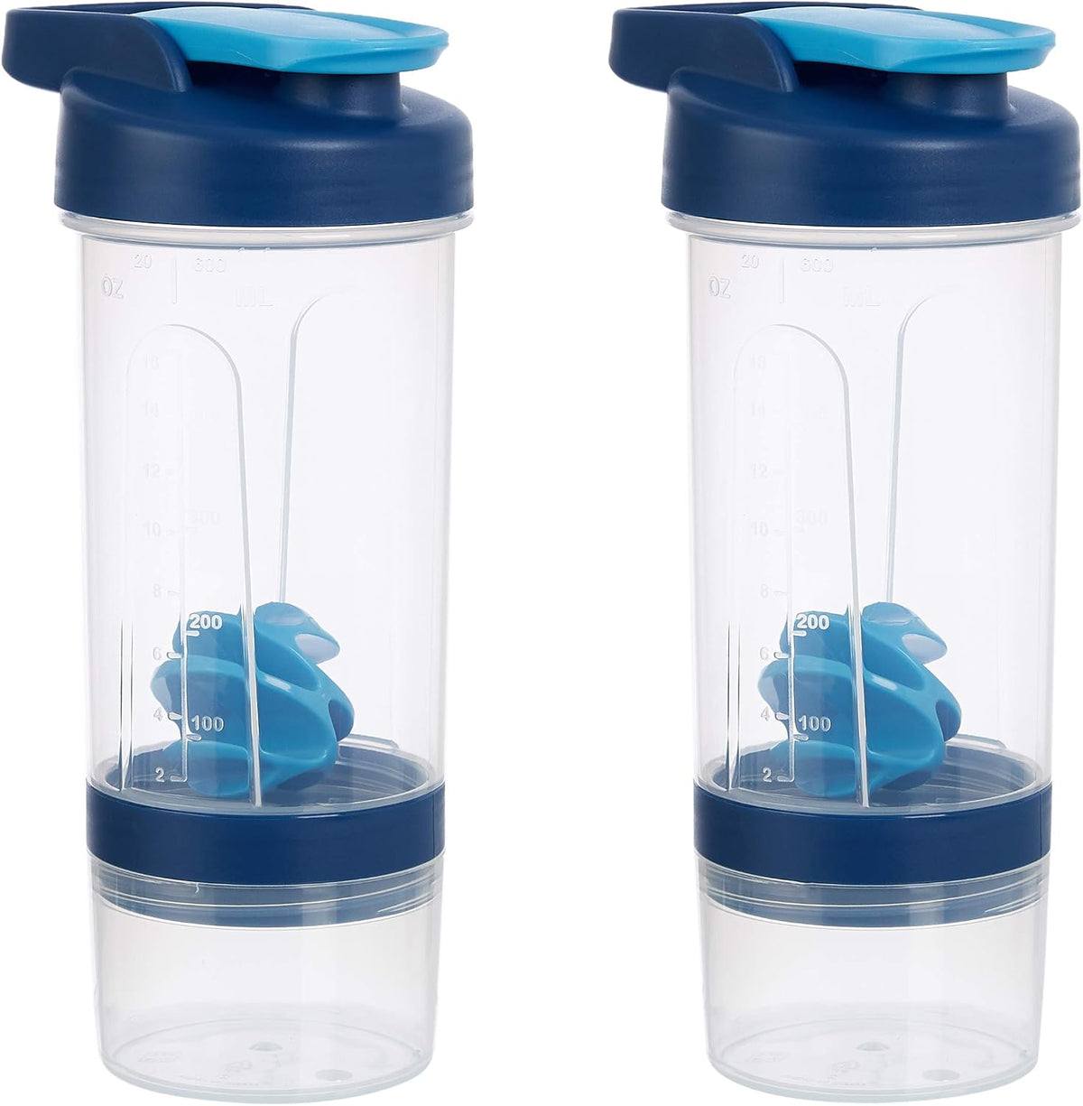 Leak Proof Protein Shaker Bottle with Mixer Ball and Compartments, Portable, Dishwasher Safe, 20 oz, Blue, 2-Pack