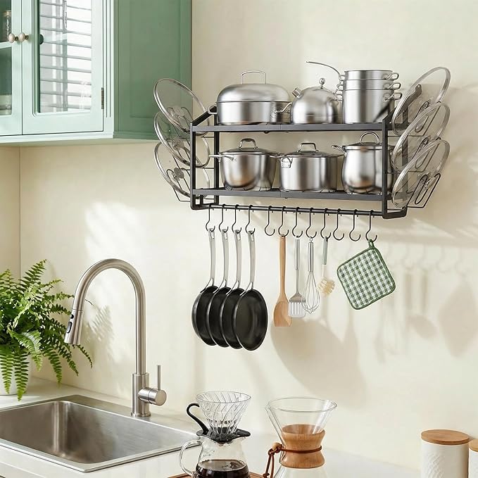 VOPEAK 30" Pot Rack Wall Mounted with 6 Detachable Pot Lid Holders,12 Adjustable S Hooks for Hanging Pans,2 Tier Black Heavy Duty Metal Shelves for pots and pans Organizer,200lbs Capcity,Space Saving