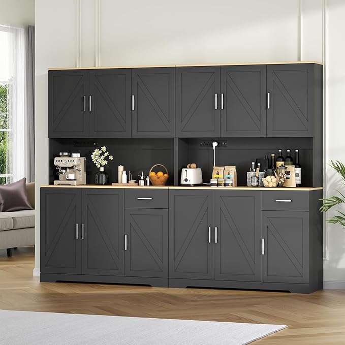 71" Pantry Cabinet,Kitchen Pantry Storage Cabine with Power Outlet,Farmhouse Kitchen Hutch Pantry Cabinet, Tall Hutch with Adjustable Shelf & Door,Food Pantry Storage for Dining Room,Kitchen (Black)