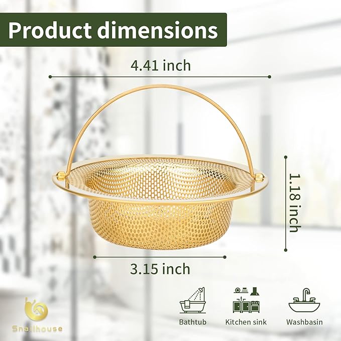 Snailhouse Sink Strainers, 2 Pack 4.5 Inches Stainless Steel Kitchen Mesh Sink Drain Basket Food Catcher with Wide Rim and Handle, Gold