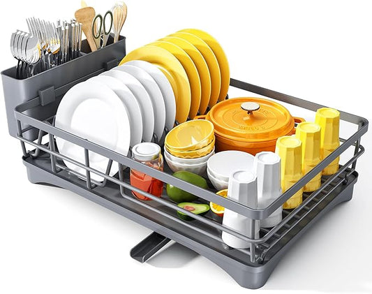 Dish Drying Rack for Kitchen Counter, Large Dish Rack with Drainboard, Grey