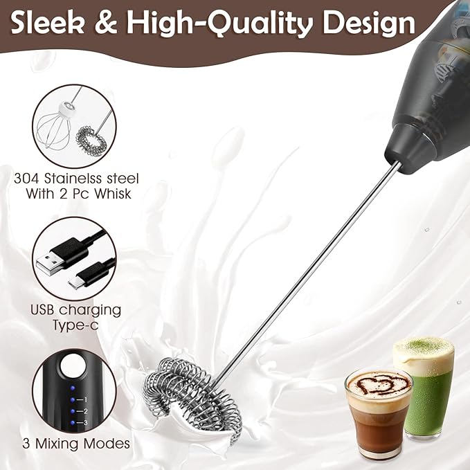 Milk Frother Handheld Rechargeable, Frother Wand Drink Mixer Electric Whisk for Coffee, Detachable With 2 Stainless Whisks, Hand Mixer for Lattes, Matcha, Egg, Kitchen Gifts(Black)