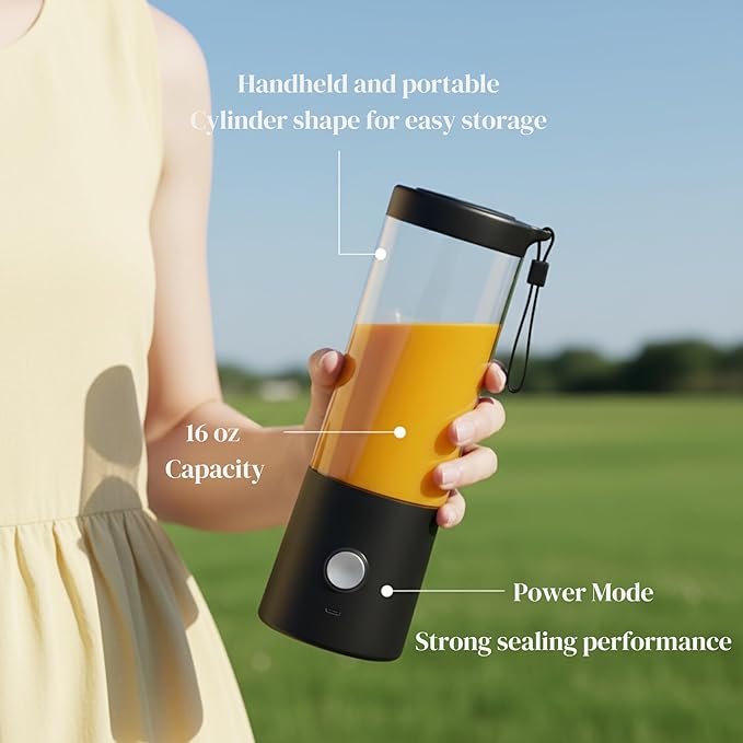 Portable Blender for Smoothies & Shakes - 16oz Cordless Mini Blender, USB-C Rechargeable & Self-Cleaning, and Stainless Steel Blade - Black (2)