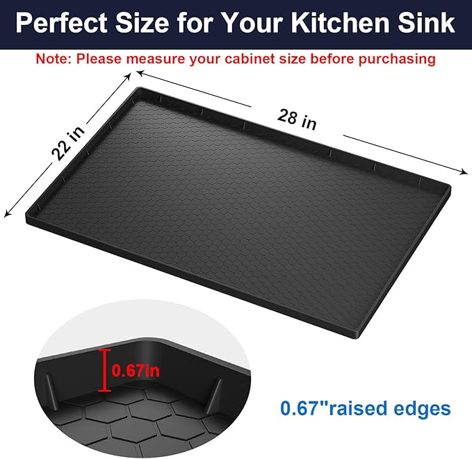 Under Sink Mat - 28" x 22" Waterproof Kitchen Cabinet Tray - Flexible Silicone Under Sink Liner - Kitchen Bathroom Cabinet Mat and Protector for Drips Leaks Spills (Black)