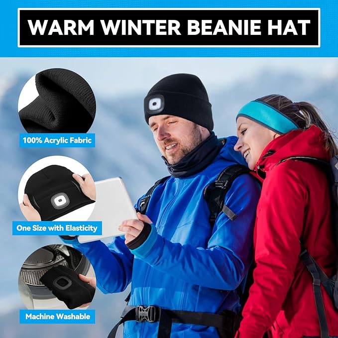 Beanie Hats with Light, USB Rechargeable LED Hand Free Headlamp, Ideal for Camping, Hiking, Fathers Day Dad Gifts, Birthday Gifts for Husband, Dad, Men, 2 Pack, Black