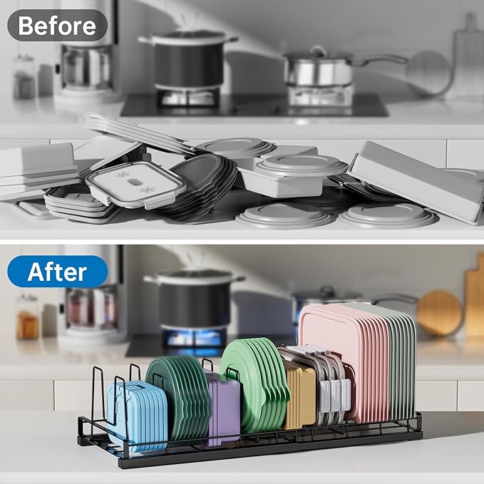 Expandable Food Container Lid Organizer, 9 Adjustable Dividers Sturdy Metal Pot and Pan Organizer Rack for Kitchen Cabinets, Drawers, Pantry Shelves, Countertops, Black, 8.15" Wide