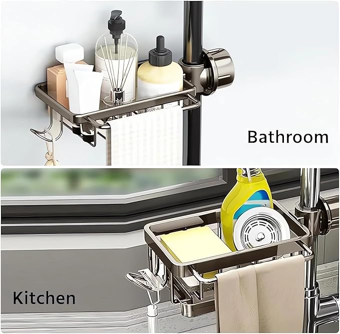 Kitchen Sink Faucet Organizer, Kitchen Sink Organizer Over Faucet, Over Sink Dish Drying Rack, Sponge Holder for Kitchen Sink, for 0.7-1.1 inch Round Water Pipe (Silver, Left Mount)