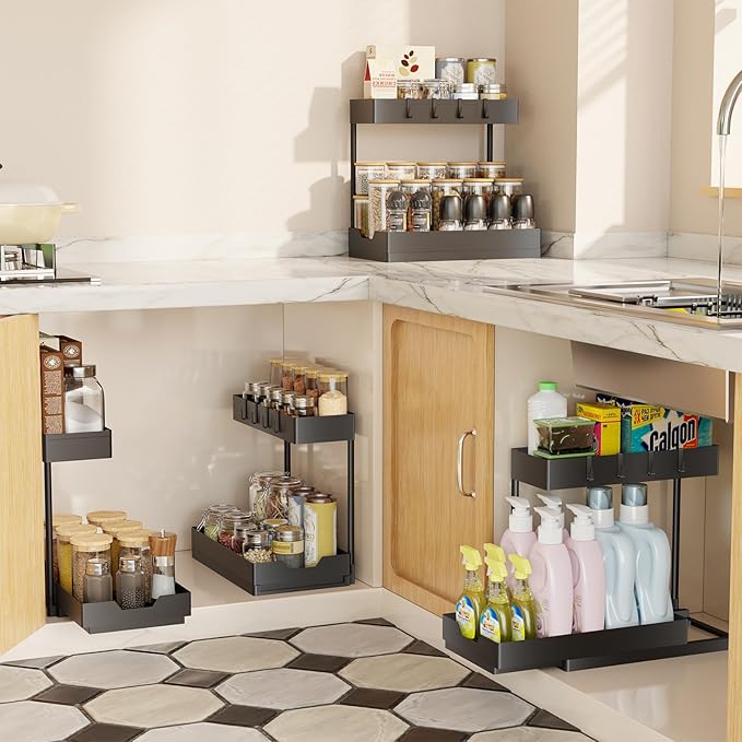 Simple Trending Under Sink Organizer, 2 Pack Pull Out Cabinet Organizer with Sliding Drawer, 2-Tier Under Sink Storage for Kitchen Bathroom, Black