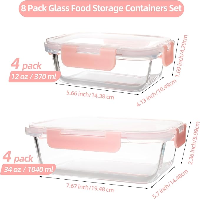 16PCS (8 Bowls + 8 Lids) High Borosilicate Glass Meal Prep Containers, Food Storage Containers with Airtight Lids, Glass Lunch Bento Boxes,Dishwasher Safe, pink