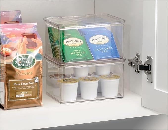 iDesign Plastic Stackable Hinged-Lid Pantry or Kitchen Storage Box - Set of 3 - Clear
