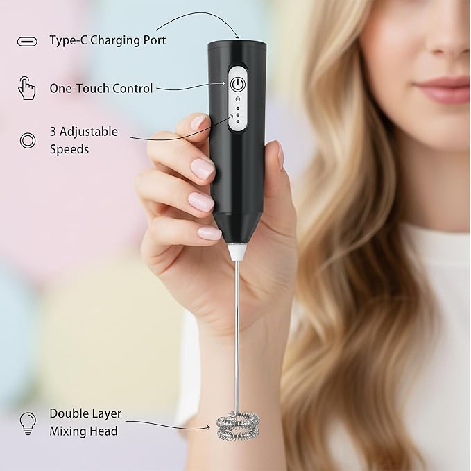 Puraville Rechargeable Milk Frother Handheld, 3 Speeds Electric Whisk Drink Mixer, Type-C Charging BPA Free for Coffee, Latte, Cappuccino, Egg, Cream, Black