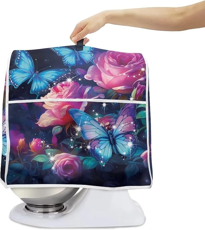 Rose Butterfly Mixer Cover | Compatible with 4.5-5 Quart Tilt Head & Bowl Lift Mixers | Dust Protector with Pockets for Accessories