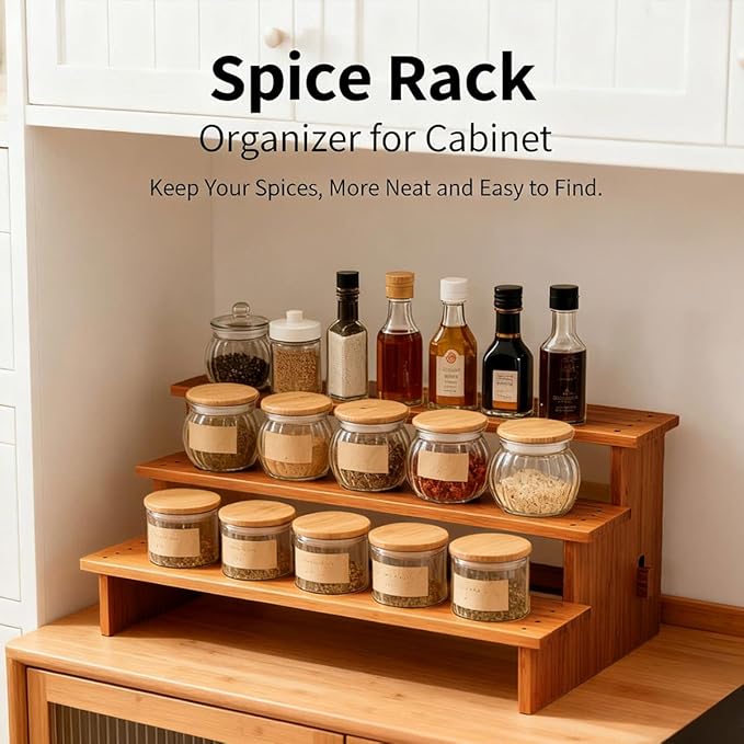 JinDoWin Cabinet Spice Organizer, Spice Organization for Cabinet, 3 Tier Spice Rack Organizer for Cabinet, Seasoning Organizer & Seasoning Rack, Kitchen Cabinet Organizer (1, Dark Bamboo)