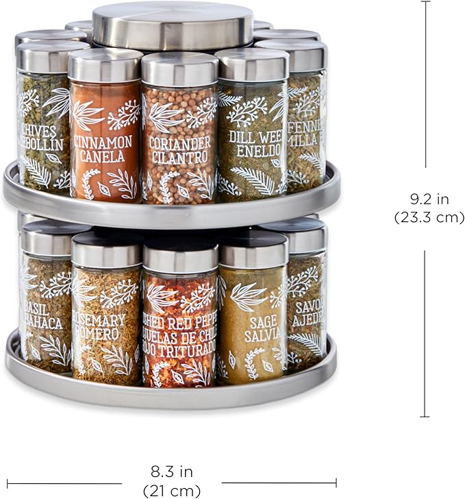 Kamenstein Salem 20-Jar Rotating Spice Rack with Spices Included, Stainless Steel Countertop Organizer with Sifter Caps and Tool Caddy, Spice Set for Kitchen Organization