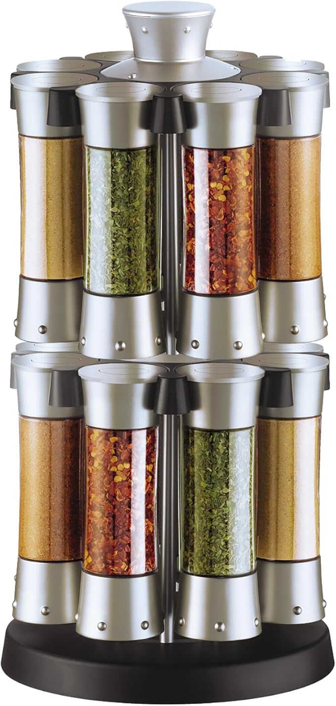 KitchenArt Spice Rack, Elite Auto-Measure Plastic Spice Carousel, 8 Spice Jars, Silver