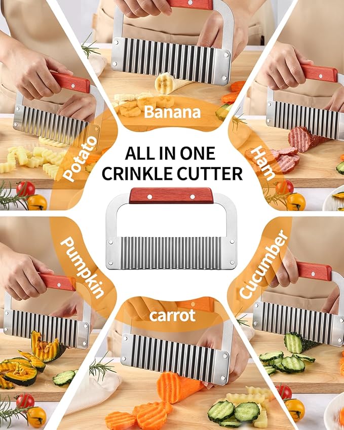 Crinkle Cutter Stainless Steel Potato Slicer Heavy Duty Wavy Crinkle Cutting Chopping French Fry Slicer 2 Pack Tools with Wooden Handle for Carrot Vegetable (Wood, 2)
