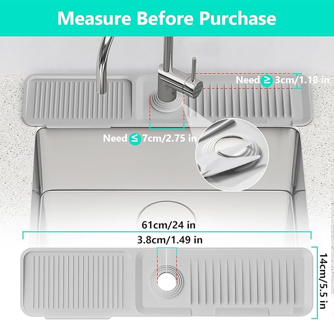 24 Inch Longer Faucet Mat for Kitchen Sink [5°Slope Fast Self-draining]Bathroom Kitchen Sink Splash Guard Silicone Sink Faucet Mat Splash Guard Kitchen Sink Area Tidy Splash Faucet Guard Draining Mat