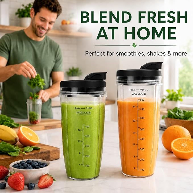 Blender Cups Replacement for Ninja, 24oz & 32oz Ninja Blender Cups with To-Go Lids Compatible with Ninja BN401, BL456, BL480, BL2012, BL2013, BL4501, BN751, BN801, SS101, SS151 (2 Pack)