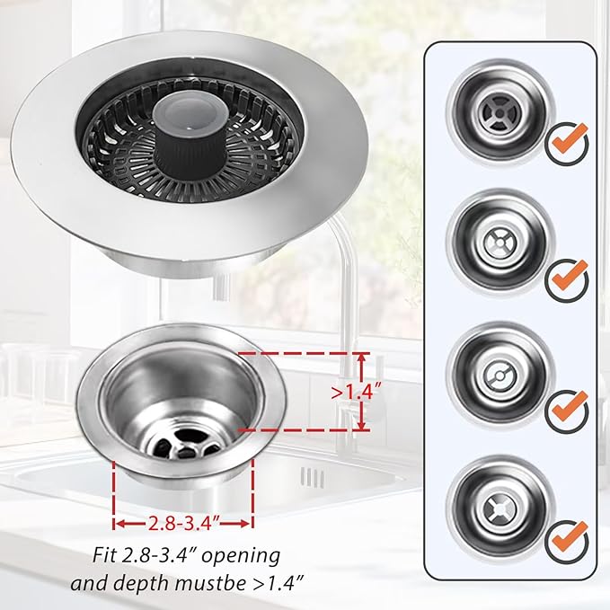 Anlige Kitchen Sink Drain Strainer, 3 in 1 Pop Up Kitchen Sink Stopper, with an Extra Basket Strainer, Universal for US Standard 3-1/2 Inch, Chrome Silver